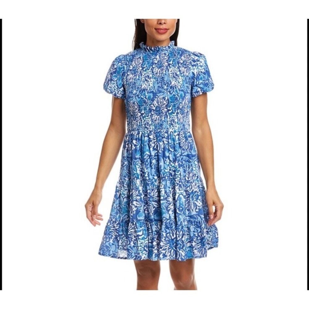 Jude Connally Smocked Dress Womens XS Blue White Ocean Puff Sleeve Summer Cotton